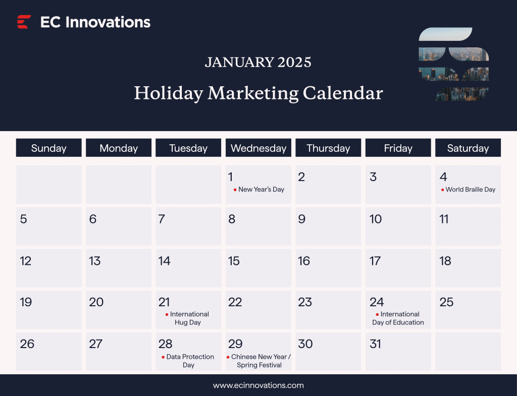 Holiday marketing calendar for January 2025, highlighting key dates and promotional opportunities for businesses.